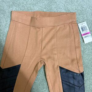 NWT BAR III Tan Camel and Black leggings with faux leather side panels XXS